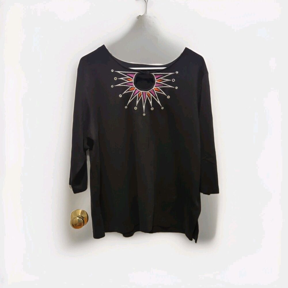 Bob Mackie Wearable Art Deco 1X Embellished Keyhole 3/4 Sleeve Blouse Shirt Top